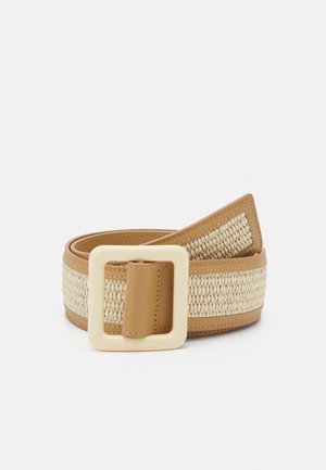 Rolled woven beige belt with tan leather trim and large off-white square buckle on plain background.