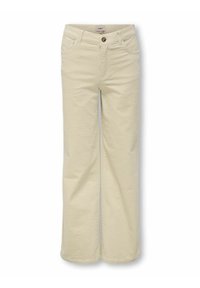 Pantalones de pana de pierna ancha en color beige con botón frontal, trabillas para cinturón y bolsillos, exhibidos sobre un fondo blanco.