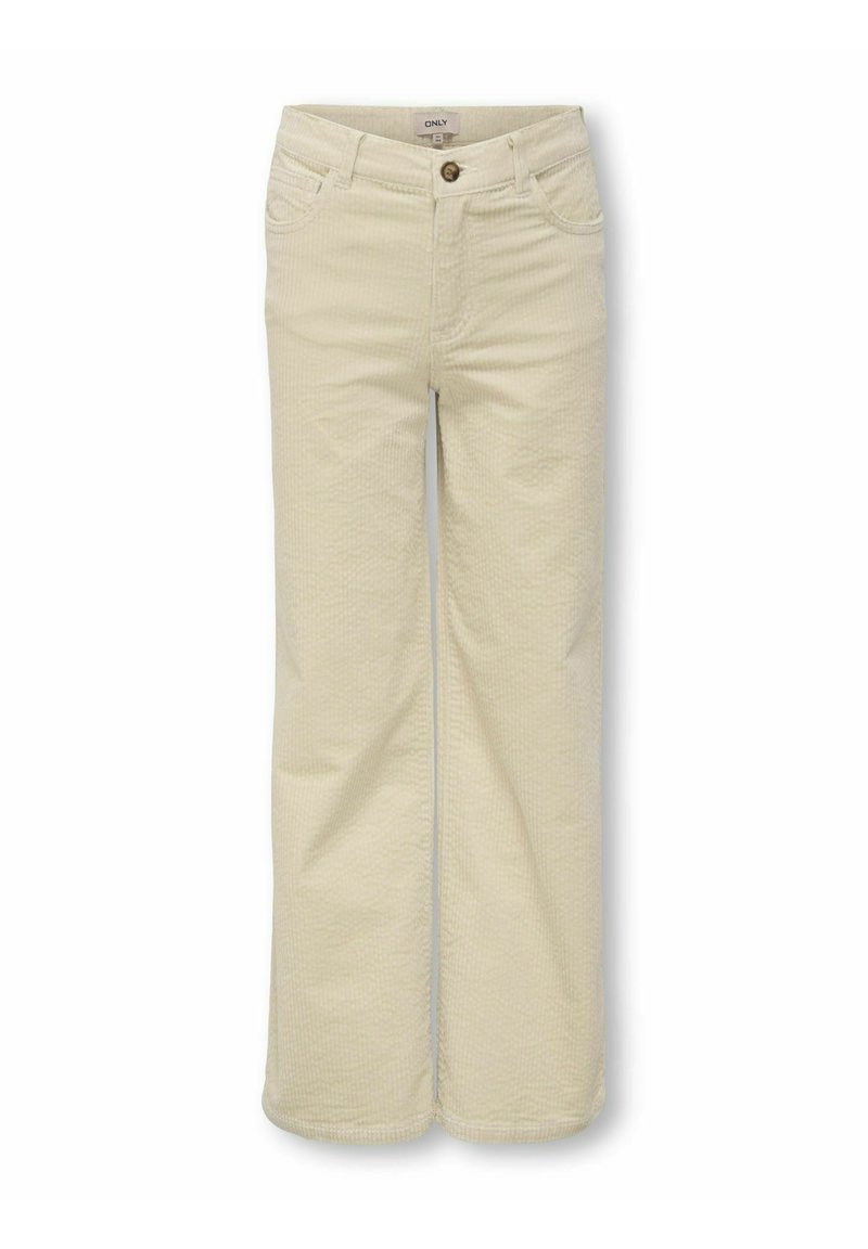 Pantalones de pana de pierna ancha en color beige con botón frontal, trabillas para cinturón y bolsillos, exhibidos sobre un fondo blanco.