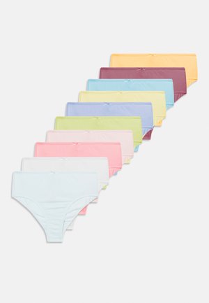 Set di 10 mutandine in cotone di vari colori pastello, caratterizzate da una texture morbida e un fiocco decorativo sulla cintura.