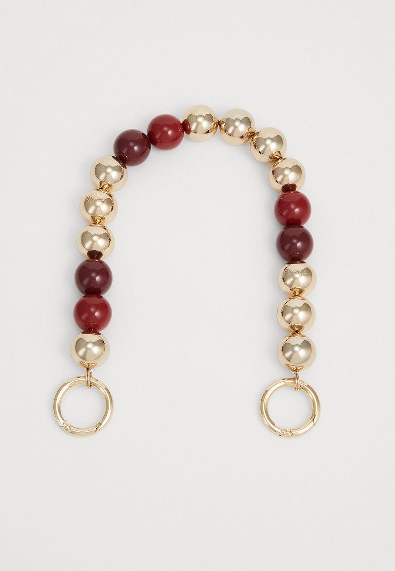 Guld- og burgunderfarvet perlekæde med blanke, runde perler; to gyldne ringe i hver ende til fastgørelse. Poleret og glat overflade.