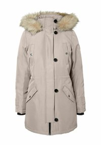 Gaiši bēša parka jaka ar noņemamu mākslīgās kažokādas kapuci, melniem pogām, rāvējslēdzēja aizdari un divām priekšējām kabatām ar pārsegu.