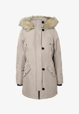 Jasna beżowa kurtka parka z odpinanym kapturem z sztucznego futra, czarnymi guzikami, zapięciem na zamek oraz dwoma przednimi kieszeniami z patkami.