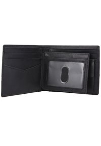 Portefeuille en cuir noir avec plusieurs emplacements pour cartes, un porte-id transparent et une finition mate lisse. Présente des coutures soignées et une forme rectangulaire.