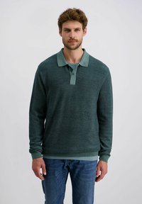 Grüner Strickpullover mit einem Kragen in einem kontrastierenden Hellgrün, langen Ärmeln und einer strukturierten Oberfläche, getragen über einem blauen Hemd und Jeans.
