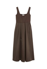 Ärmelloses braunes Midikleid mit quadratischem Ausschnitt und geraffter Taille aus weichem Stoff.