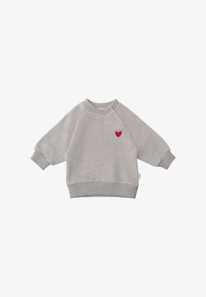 Light gray sweatshirt made of soft fabric, featuring a round neckline, dropped shoulders, ribbed cuffs, and a red heart graphic on the chest.