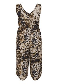 Salopette à imprimé animal en beige clair, noir et marron. Présente un décolleté en V profond et une taille élastique. Design sans manches avec des jambes larges.