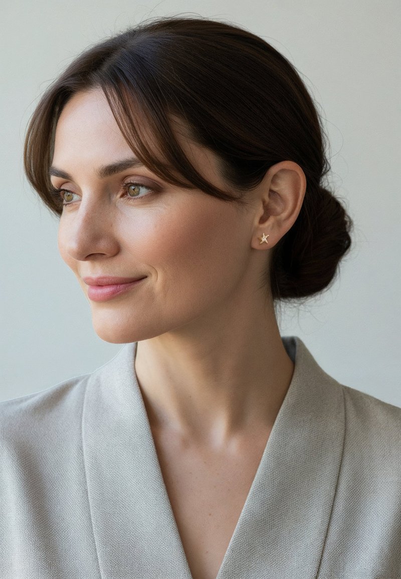 Guldstjernede øreringe på en model med mørkt hår, iført en lysegrå kravejakke. Glat hud, minimalistisk design, neutral baggrund.