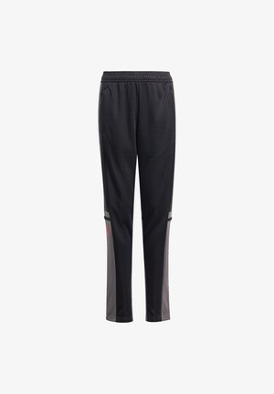 Zwarte sportbroek met een tapere pasvorm, met een gestructureerd oppervlak, elastische tailleband en contrasterende grijze zijkanten.