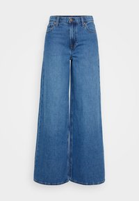Jeans cu picioare largi din denim cu o spălare medie. Talie înaltă cu închidere buton, având buzunare frontale și dorsale. Fără tivuri decorate, cu un tiv curat.