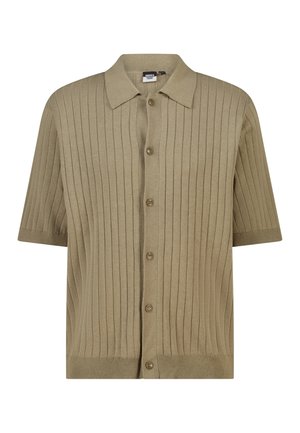 Beige geribbelde korte mouwen cardigan met kraag en zes knopen aan de voorkant, gemaakt van zachte gebreide stof.