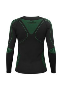 Black long-sleeve shirt with green accents and textured panels. Features a fitted design and contrasting striped patterns on the shoulders and sides.