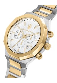 Orologio in acciaio inossidabile con finitura argento e oro, con cassa ottagonale, quadrante bianco testurizzato, funzionalità cronografo e tre sotto quadranti.