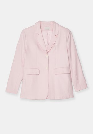 Blazer rosa feito de tecido leve, com lapela notched, fecho de botão único, dois bolsos frontais e mangas longas.