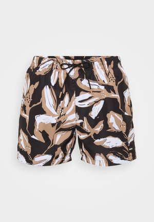 Herrebadeshorts med sort og beige blomstermønster, elastisk talje, justerbar snor og sidelommer.