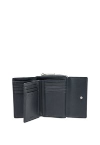 Portafoglio in pelle nera con più scomparti per carte, una tasca con zip e chiusura a scatto. Superficie texturizzata con dettagli di branding discreti.