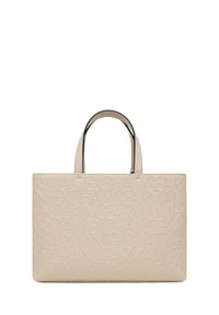 Borsa tote in pelle beige con motivo logo impresso, forma rettangolare strutturata e manici superiori doppi. Texture liscia, design minimalista.