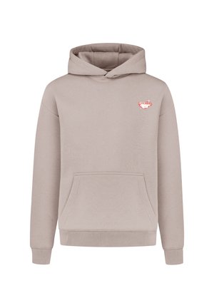 Beige Kapuzenpullover mit einer Fronttasche. Aus weichem Stoff gefertigt, mit gerippten Bündchen und Saum. Kleines rotes Logo auf der oberen linken Seite.