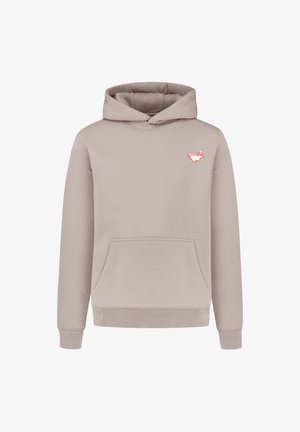 Beige Kapuzenpullover mit einer Fronttasche. Aus weichem Stoff gefertigt, mit gerippten Bündchen und Saum. Kleines rotes Logo auf der oberen linken Seite.