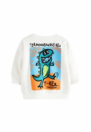 Weißes, übergroßes Sweatshirt mit einem bunten Cartoon-T-Rex-Design auf der Vorderseite, umrandet mit schwarzer Kontur, fettem Text und einem lebhaften Hintergrund.