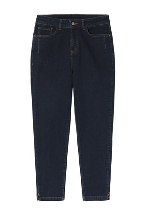 Dunkelblaue Denim-Jeans mit slim fit, ausgestattet mit Vordertaschen, einem Knopfverschluss und sichtbaren Nähdetails.
