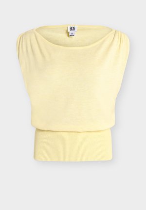 Ανοιχτό κίτρινο αμάνικο πλεκτό τοπ με φαρδιά ριμπ ζώνη στη μέση και ραφές με ρυτίδες στους ώμους, μέγεθος μικρό.