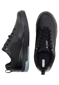 Black athletic shoes featuring a mesh upper, textured rubber outsole, and light blue accents. Designed for comfort and performance.