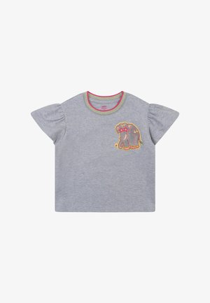 Grijs T-shirt met korte mouwen en pofmouwen, met een kleurrijke olifantafbeelding op de voorkant en een meerkleurige geribbelde halslijn.