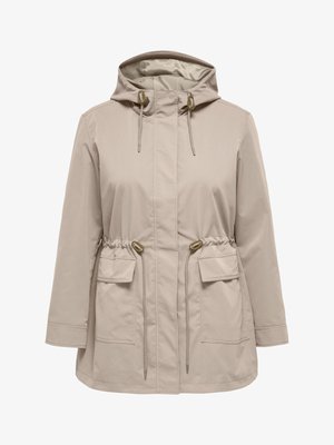 Smėlio spalvos striukė su gaubtu, priekyje su užtrauktuku, reguliuojamomis raištelėmis gaubte ir juosmeniu, ilgomis rankovėmis ir dviem priekinėmis kišenėmis su atvartais.