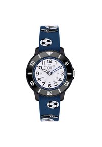 Blaues Silikonarmband mit schwarzer Lünette, weißem Zifferblatt, schwarzen und blauen Ziffern sowie einem fußballthemed Armbanddruck mit Bällen und Fußballschuhen.