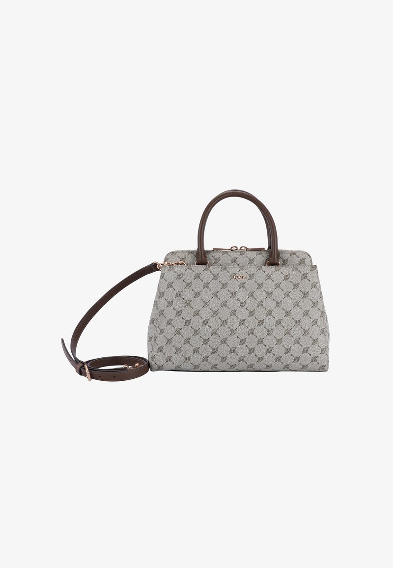 Sivá kabelka s vzorom a štruktúrovaným povrchom, hnedé uši a odnímateľný ramenný popruh. Obsahuje ružové zlaté kovanie.