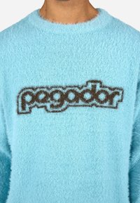 Šviesiai mėlynas pūkuotas megztinis su ruduoja megzta logotipu "pagodor" per krūtinę; apvaliu kaklu, minkšta tekstūra.