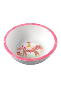 Ceramiczna miska z różową krawędzią w stylu akwareli. Wnętrze przedstawia postać wróżki jeżdżącej na brązowym koniu, otoczoną kwiatami i świnią.