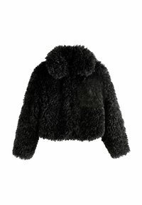 Zwarte croptop jas van donzig, textured materiaal. Heeft een ronde kraag en lange mouwen, met een zachte, gezellige uitstraling.
