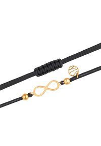 Czarny regulowany sznurkowy bransoletka z złotym symbolem nieskończoności i dwiema złotymi koralikami. Teksturowany węzeł dodaje interesującego elementu projektu.