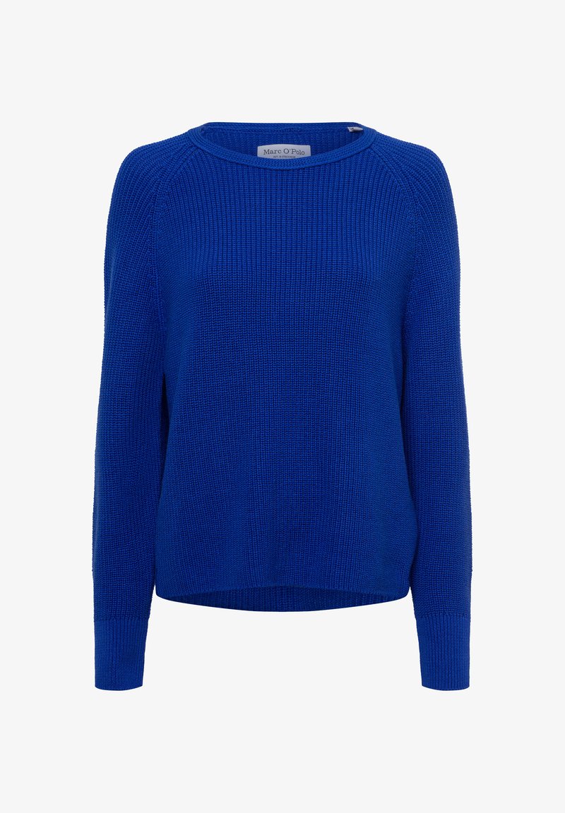 Blauer Langarmpullover mit strukturiertem Strickmuster, Rundhalsausschnitt und gerippten Bündchen. Entworfen mit einer lockeren Passform und abgesenkten Schulternähten.