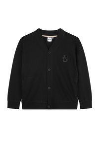 Cardigan noir en tissu doux, avec un col en V, cinq boutons et un petit logo brodé sur le côté gauche. Manches longues, sans motifs.