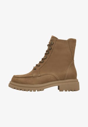 Braune Leder-Stiefelette mit runder Spitze, Schnürverschluss, robuster Gummisohle und kontrastierenden Nähdetails.
