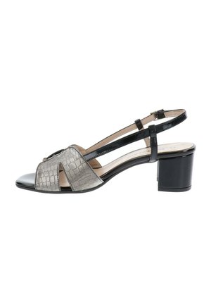 Sandale à bride arrière ouverte pour femme, devant à imprimé serpent gris, brides en cuir verni noir, et petit talon bloc.