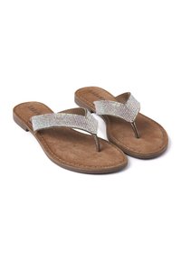 Braune Flip-Flop-Sandalen mit flacher Sohle, strukturiertem Wildlederfußbett und einem mit Strasssteinen verzierten V-förmigen Riemen.