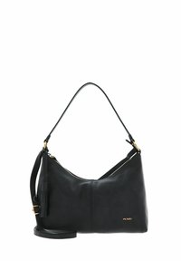 Sac à main en cuir noir à texture lisse, au design incurvé, fermeture éclair supérieure et bandoulière amovible. Détails en métal doré.