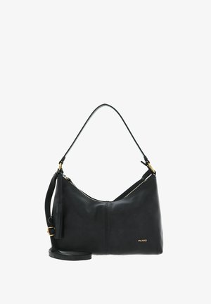 Sac à main en cuir noir à texture lisse, au design incurvé, fermeture éclair supérieure et bandoulière amovible. Détails en métal doré.