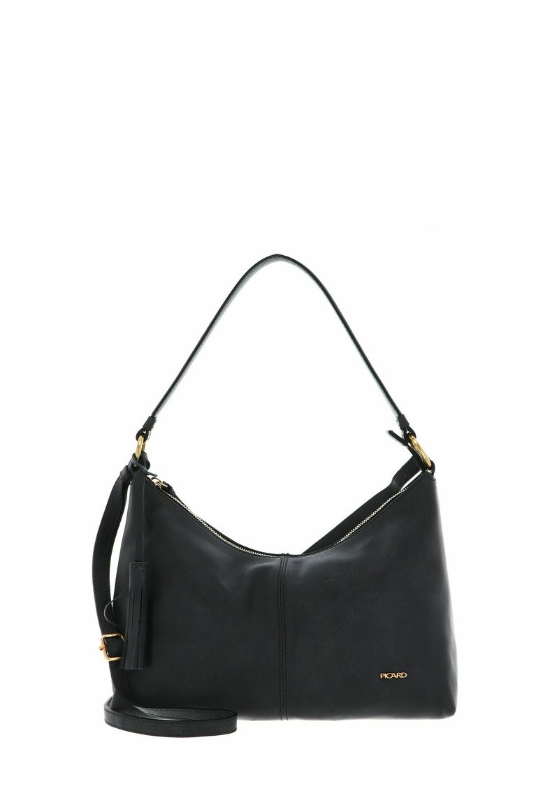 Sac à main en cuir noir à texture lisse, au design incurvé, fermeture éclair supérieure et bandoulière amovible. Détails en métal doré.