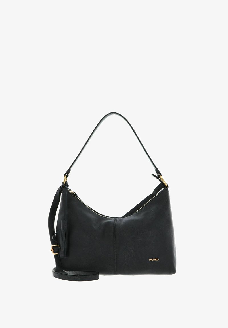 Sac à main en cuir noir à texture lisse, au design incurvé, fermeture éclair supérieure et bandoulière amovible. Détails en métal doré.