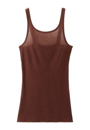 Brun ribbet ærmeløs tanktop med rund halsudskæring, lavet af let, halvgennemsigtigt stof.