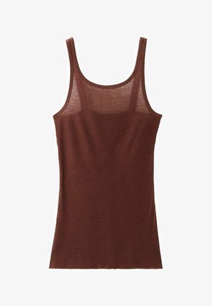 Brun ribbet ærmeløs tanktop med rund halsudskæring, lavet af let, halvgennemsigtigt stof.