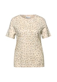 Beżowa koszulka z krótkim rękawem, z wzorem w cętki w odcieniach jasnobrązowym i srebrnym oraz okrągłym dekoltem.