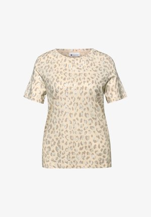 Beżowa koszulka z krótkim rękawem, z wzorem w cętki w odcieniach jasnobrązowym i srebrnym oraz okrągłym dekoltem.