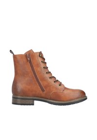 Braune Leder-Stiefelette mit abgerundeter Zehenpartie, Schnürung vorne, seitlichem Reißverschluss und niedrigem Blockabsatz. Texturierte Oberfläche mit kontrastierenden Nahtdetails.